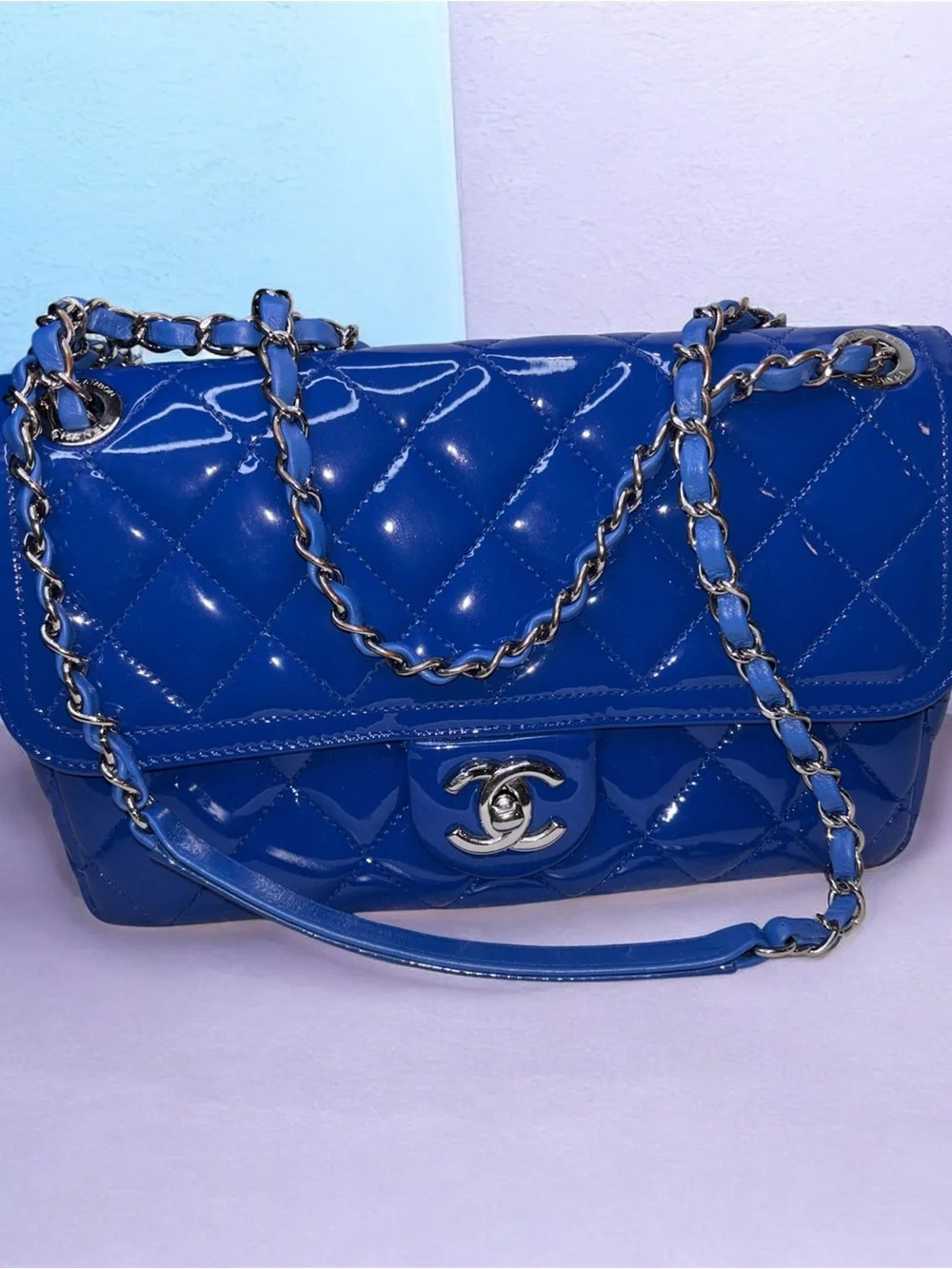 Chanel Timeless Classique Blue Patent Leather Flap Bag Silver Hardware